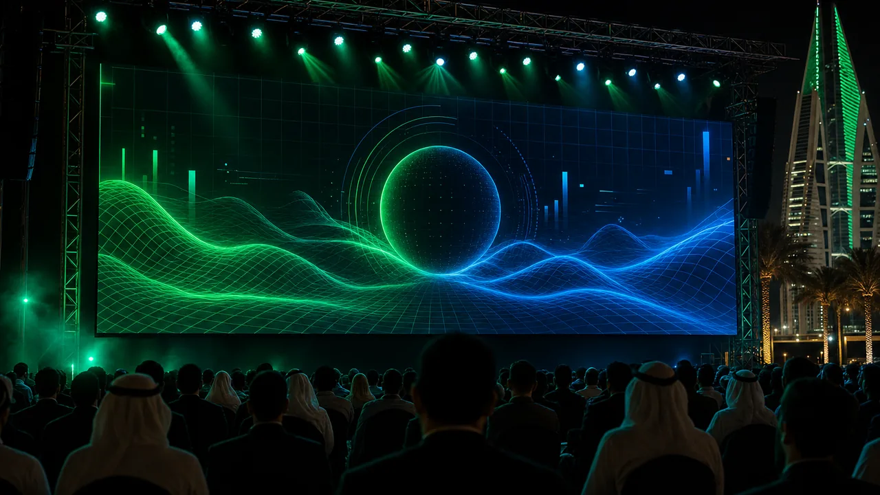 A rental LED screen rigged on truss above a conference stage at an outdoor evening event in Bahrain
