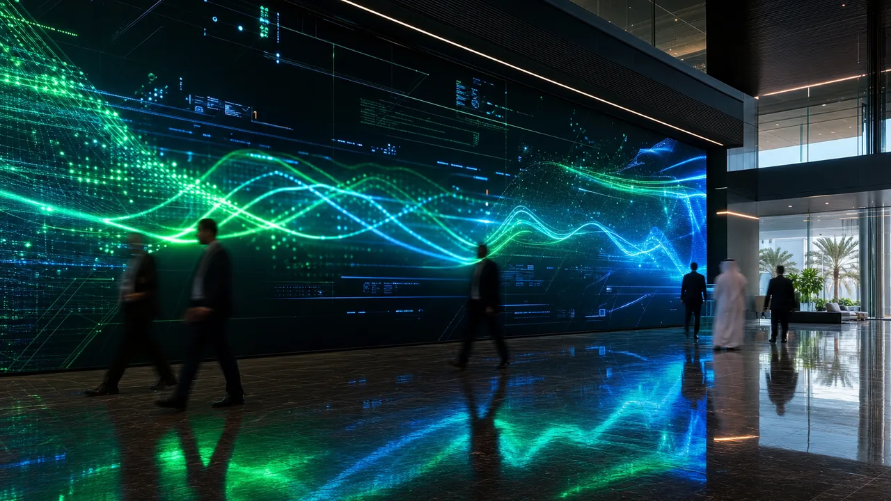 A large indoor LED video wall filling the lobby of a corporate building in Bahrain, showing full-motion graphics