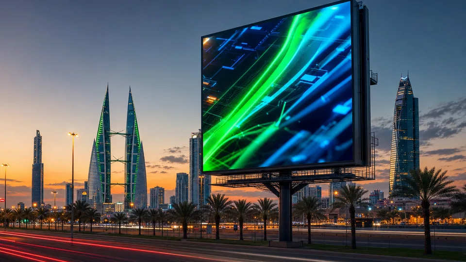 A high-brightness outdoor LED advertising screen on a steel structure beside a Manama highway at dusk