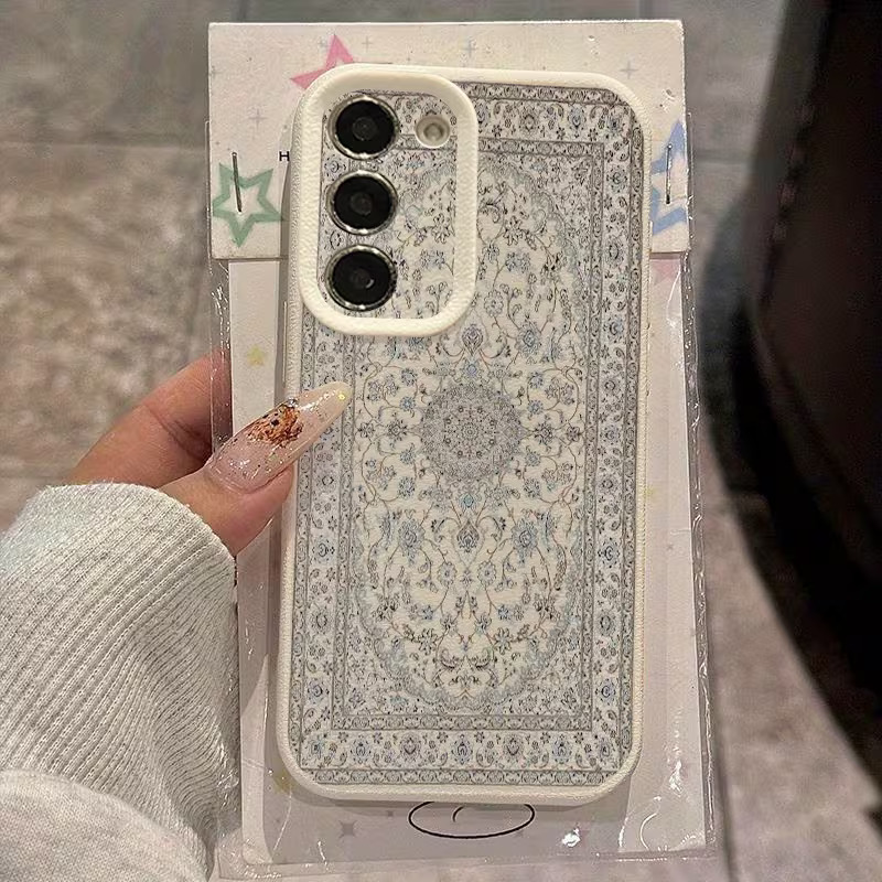Vintage Moroccan Pattern Samsung Galaxy Case – Lychee Texture Soft TPU Anti-Drop Protective Cover for S & A Series (Light Luxury Design)