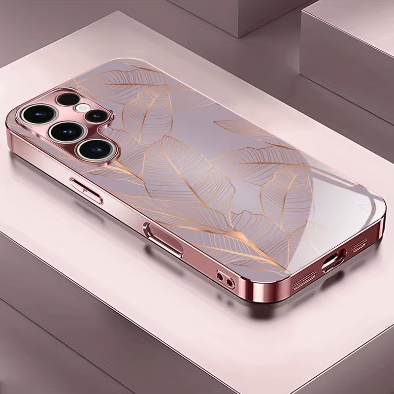 Rose Gold Leaf Pattern Samsung Galaxy Case – Electroplated Pink Minimalist Protective Cover for S, A & Note Series - Image 2