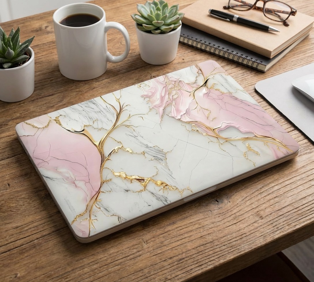 2PCS Pink Marble Laptop Sticker Decals – Anti-Scratch Self-Adhesive Protective Skin for Universal Laptops