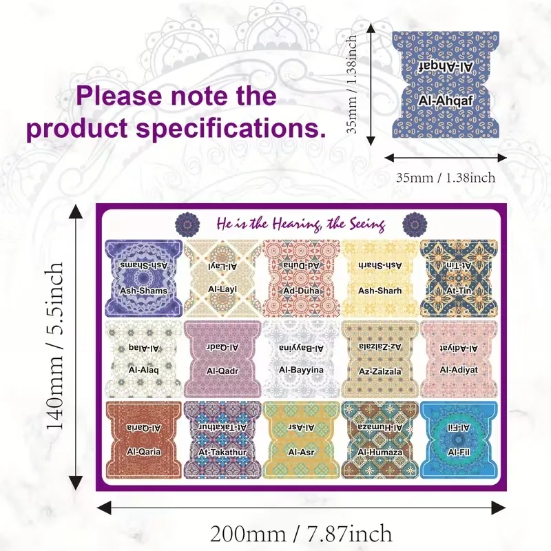 Colorful Quran Chapter Tabs – 114 Indexed + 6 Blank, Self-Adhesive & Tear-Resistant